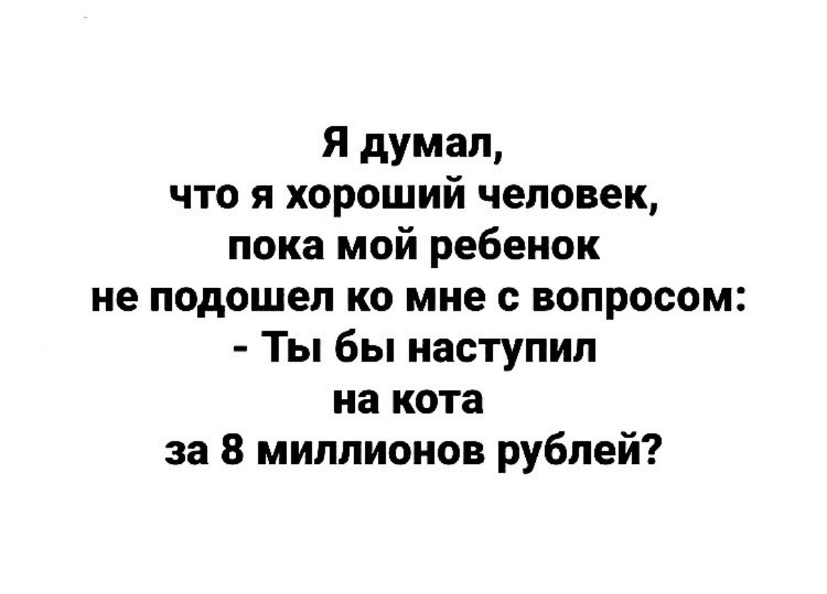 Я думал что я хороший человек пока мой ребенок не подошел ко мне с вопросом Ты бы наступил на кота за 8 миллионов рублей