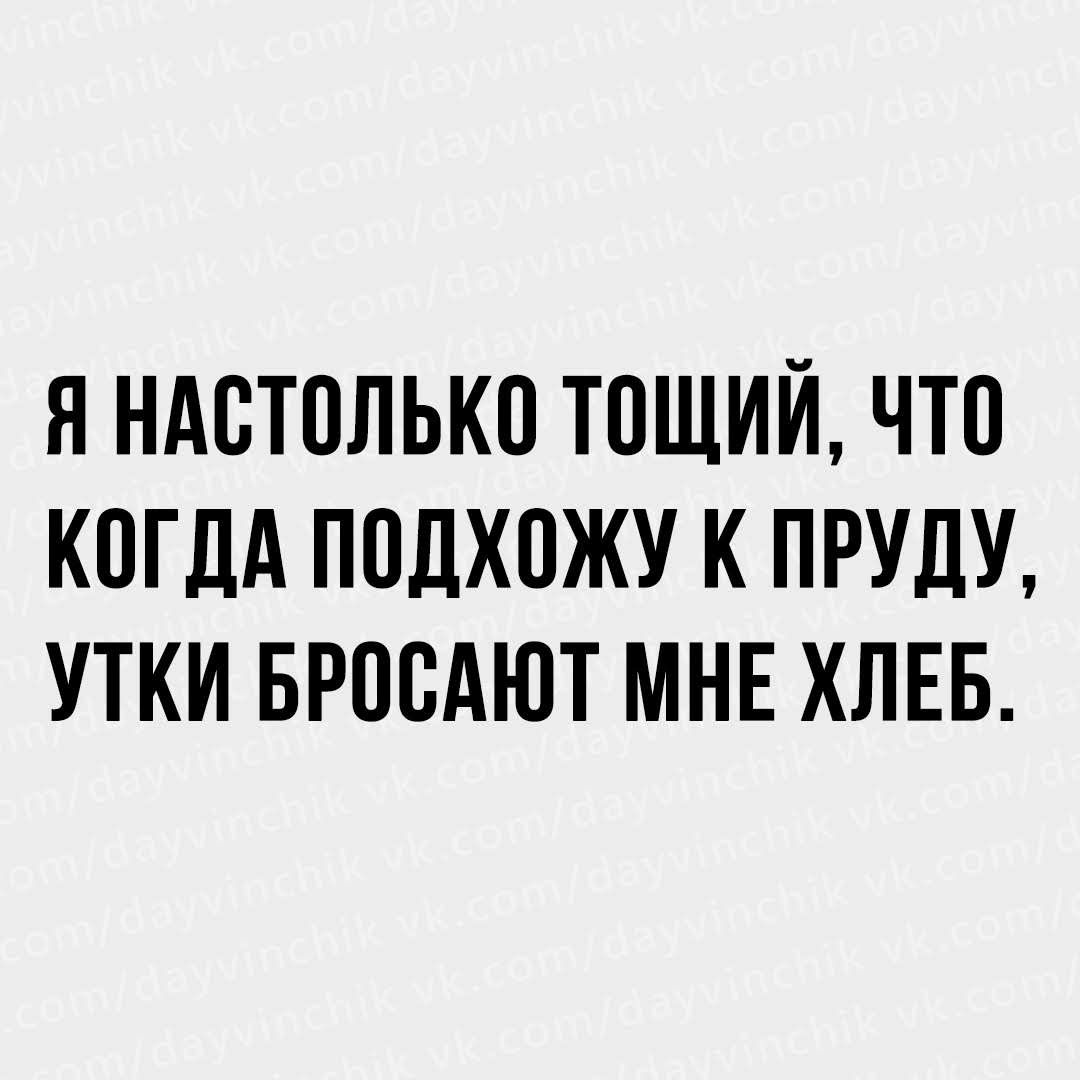 Я НАВТПЛЬКО ТПЩИЙ ЧТО КОГДА ПОДХОЖУ К ПРУДУ УТКИ БРОСАЮТ МНЕ ХЛЕБ