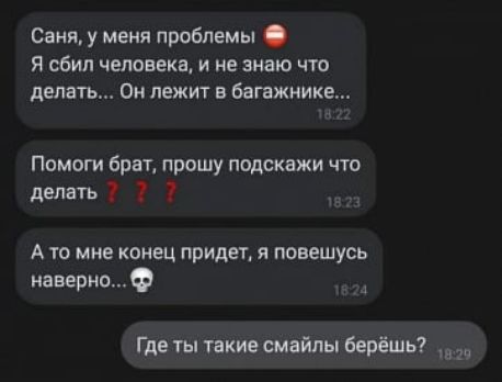 Саня у меня проблемы Я сбил человеке и не знаю что делать Он лежит в багажнике Помоги брит прошу подскажи что делать 7 1 А то мне конец придет я повешусь наверно Где ты такие смайлы берёшь __