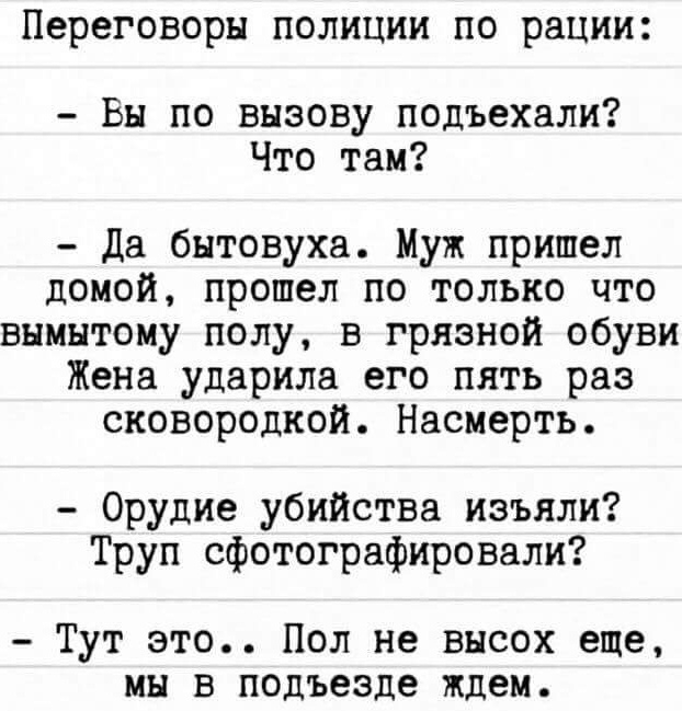 Переговоры полиции по рации Вы по вызову подъехали Что там да бытовуха Муж пришел домой прошел по только что внмнтому полу в грязной обуви Жена ударила его пять раз сковородкой Насмерть Орудие убийства изъяли Труп сфотографировали Тут это Пол не внсох еще мы в подъезде ждем