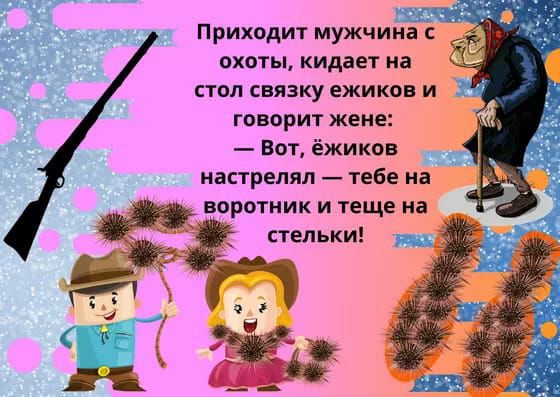 Приходит мужчина с охоты кидает на стол связку ежиков и говорит жене Вот жиков настрелял тебе на воротник и теще на стельки