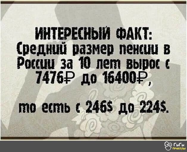 ИНТЕРЕСНЫЙ ФАКТ Средним пвзмеп пенсии в России за 10 лет выпас 7476Р 1101640049 то есть 2465 до 224