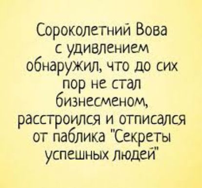 Сорокалетний Вова с удивлением обнаружил что до сих пор не стал бизнесменом расстроился и отписался от паблика Секреты успешных людей