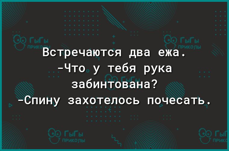 Встречаются два ежа Что у тебя рука забинтована Спину захотелось почесать