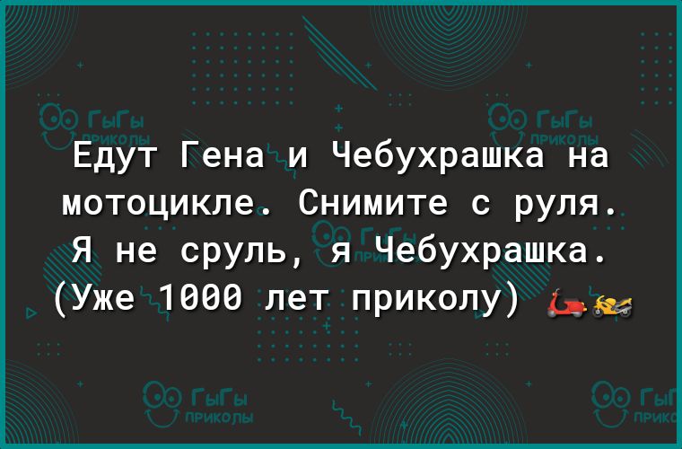 Едут Гена и Чебухрашка на мотоцикле Снимите с руля Я не сруль я Чебухрашка Уже 1000 лет приколу д55