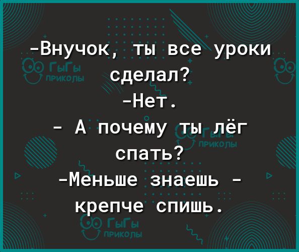 Внучок ты все уроки сделал Нет А почему ты лёг спать Меньше знаешь крепче спишь