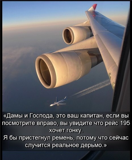 Дамы и Господа это ваш капитан если вы посмотрите вправо вы увидите что рейс 195 хочет гонку Я бы пристегнуп ремень потому что сейчас случится реальное дерьмо