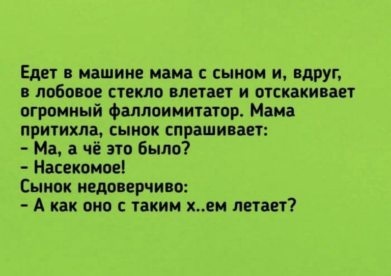 Едет в машине мама с сыном и вдруг в лобовое стекло влетает и отскакивает огромный Фаллоимитатор Мама притихла сынок спрашивает Ма а чё это было Насекомое Сынок недоверчиво А как оно с таким хем летает