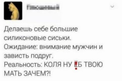 Делаешь себе большие силиконовые сиськи Ожидание внимание мужчин и зависть подруг Реальность КОЛЯ НУ Б ТВОЮ МАТЬ ЗАЧЕМ