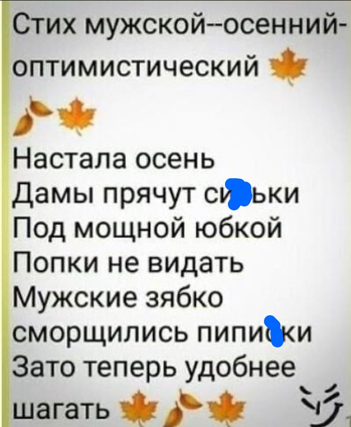 Стих мужскойосенний оптимистический АЧ Настала осень Дамы прячут съьки Под мощной юбкой Попки не видать Мужские зябко сморщились пипии Зато теперь удобнее шагать ЁЁ