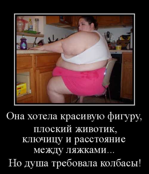 Она хотела красивую фигуру ПЛОСКИЙ ЖИВОТИК КЛЮЧИЦУ И расстояние между ЛЯЖКЗМИ Но душа требовала колбасы