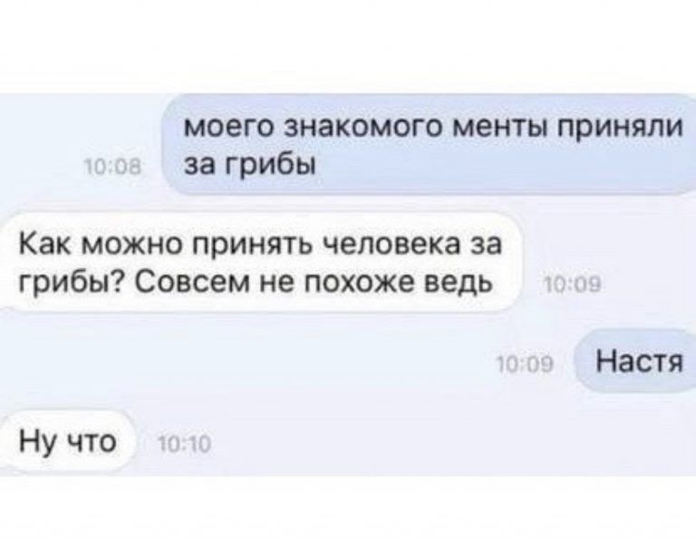 моего знакомого менты приняли за грибы Как можно принять человека за грибы Совсем не похоже ведь Настя Ну что