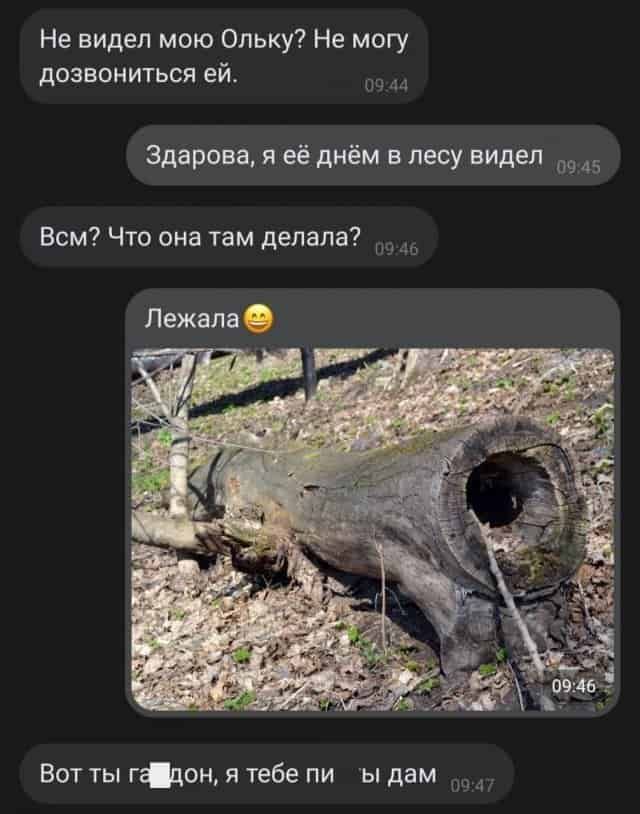 Не видел мою Ольку Не могу дозвониться ей Здарова я её днём в лесу видел 945 Всм Что она там делала 15 Вот ты гіцон я тебе пи ы дам _1
