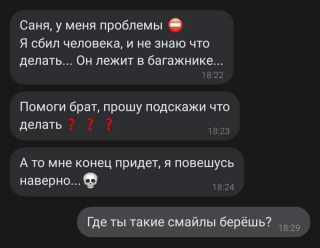 Саня у меня проблемы Я сбил человека и не знаю что делать Он лежит в багажнике Помоги брат прошу подскажи что делать А то мне конец придет я повешусь наверно Где ты такие смайлы берёшь 29
