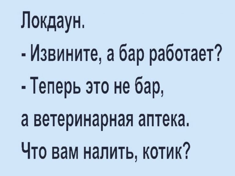 Локдаун Извините а бар работает Теперь это не бар а ветеринарная аптека Что вам налить котик