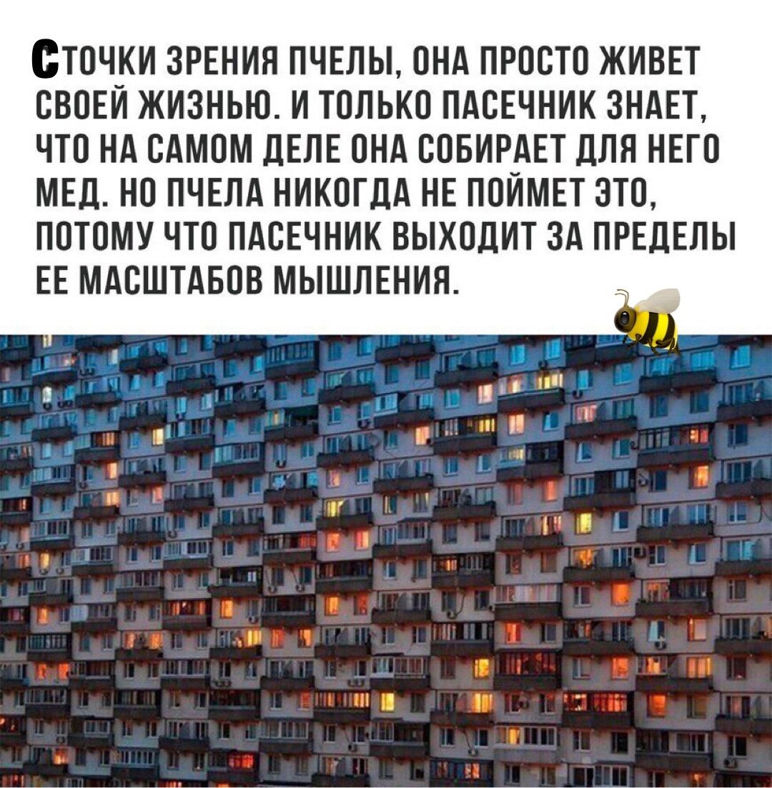 СТОЧКИ ЗРЕНИЯ ПЧЕЛЫ ОНА ПРОСТО ЖИВЕТ СВОЕЙ ЖИЗНЬЮ И ТОЛЬКО ПАОЕЧНИК ЗНАЕТ ЧТО НА САМОМ ЛЕЛЕ ОНА ООБИРАЕТ ДЛЯ НЕГО МЕД НО ПЧЕЛА НИКОГДА НЕ ПОИМЕТ ЭТО ПОТОМУ ЧТО ПАОЕЧНИК ВЫХОДИТ ЗА ПРЕДЕЛЫ ЕЕ МАОШТАБОВ МЫШЛЕНИЯ і і т и