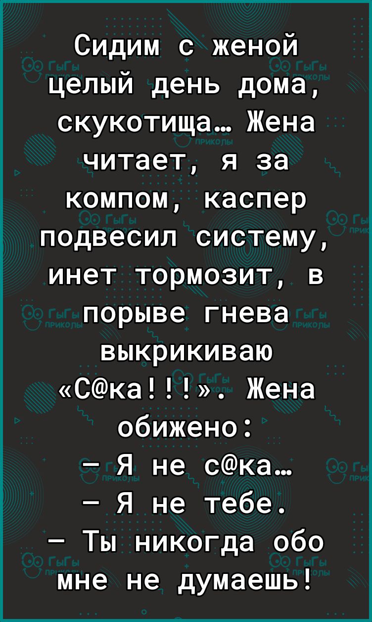 Сидим с женой целый день дома скукотища Жена читает я за компом каспер подвесил систему инет тормозит в порыве гнева выкрикиваю Ска Жена обижено Я не ска Я не тебе Ты никогда обо мне не думаешь