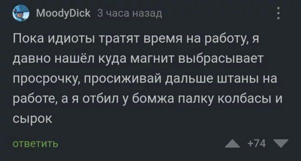 МоосіуВіск 3 часа назад Пока идиоты тратят время на работу я давно нашёл куда магнит выбрасывает просрочку просиживай дальше штаны на работе а я отбил у бомжа папку колбасы и сырок ответить А 74