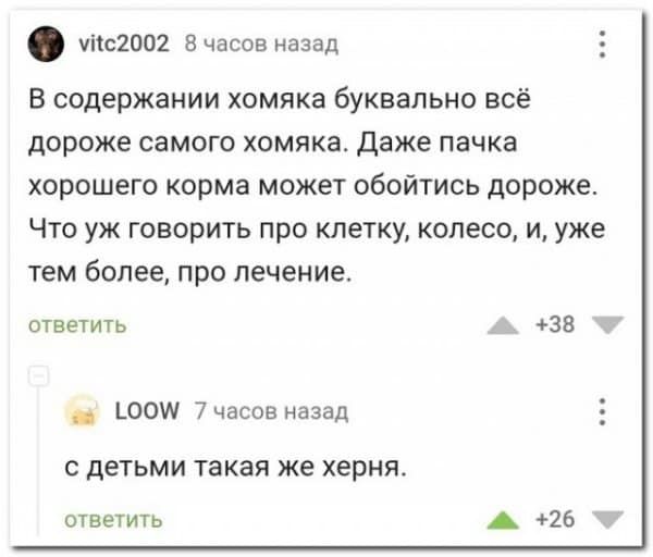 чііс2002 В часов назад в содержании хомяка буквально всё дороже самого хомяка даже пачка хорошего корма может обойтись дороже Что уж говорить про клетку колесо и уже тем более про лечение ответить 38 _ _00И 7 часов назад С детьми Такая же херня ответить 26