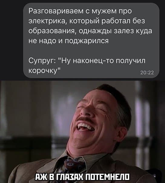 Разговариваем с мужем про электрика который работал без образования однажды залез куда не надо и поджарился Супруг Ну наконец то получил корочку 2022