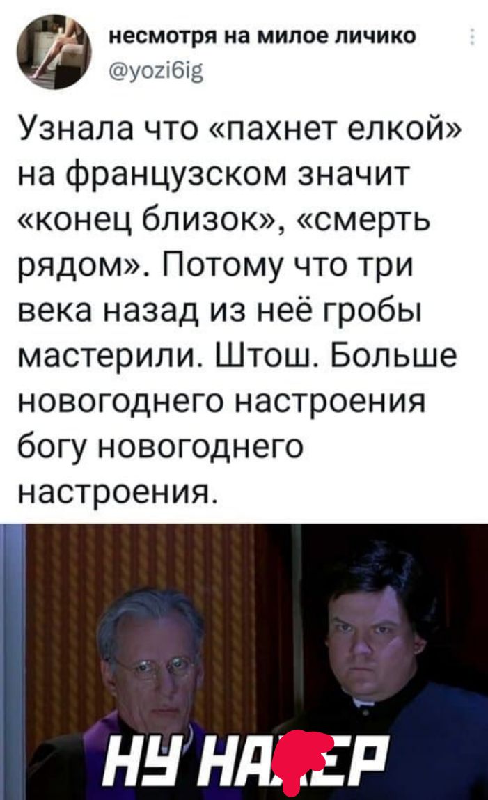 г несмотря на милое личико уогібіз Узнала что пахнет елкой на французском значит конец близок смерть рядом Потому что три века назад из неё гробы мастерили Штош Больше новогоднего настроения богу новогоднего настроения НН НДЕР