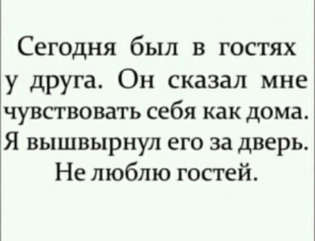 Сегодня был в гостях у друга Он сказал мне чувствовать себя как дома Я вышвырнул его за дверь Не люблю гостей