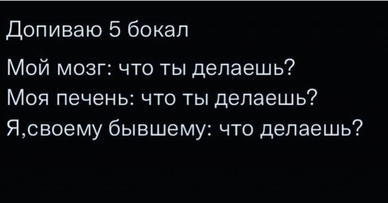 Допиваю 5 бокал Мой мозг что ты делаешь Моя печень что ты делаешь Ясвоему бывшему что делаешь