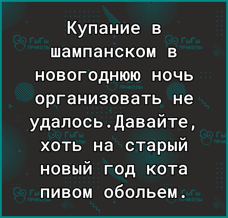 Купание в шампанском в новогоднюю ночь организовать не удалосьДавайте хоть на старый новый год кота пивом обольем