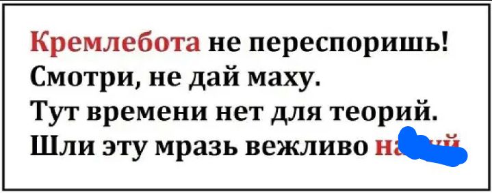 Кремлебота не переспоришь Смотри не дай маху Тут времени нет для теорий Шли эту мразь вежливо и