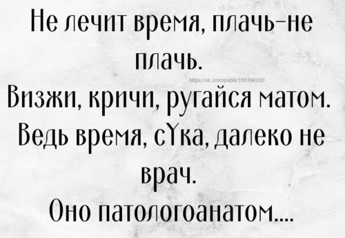 Не лечит время, плачьне плачь. Визжи, кричи, ругайся матом. Ведь время, сука, далеко не врач. Оно патологоанатом....