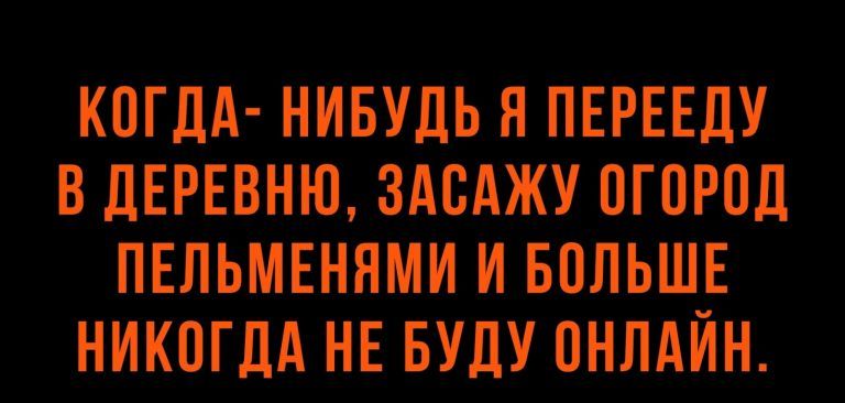Когда нибудь я перееду в деревню, засажу огород пельменями и больше никогда не буду онлайн.