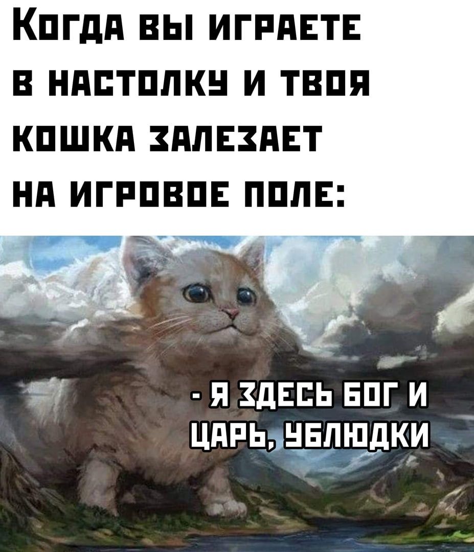 Когдя ВЫ ИГРЯЕТЕ В НАСТОЛКУ И ТВОЯ КОШКА ЗАЛЕЗАЕТ НА ИГРОВОЕ ПОЛЕ Я ХДЕСЬ БОГ И ЦАРЬЭЧБЛЮДКИ