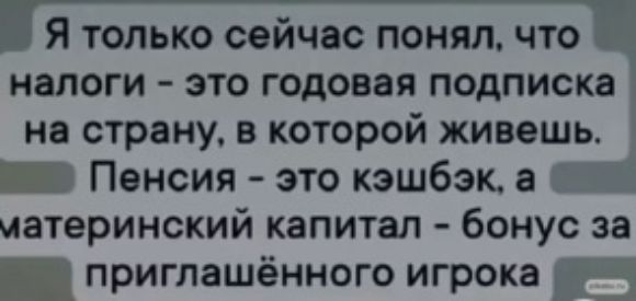 Н Я ТОЛЬКО сеичас ПОНЯЛ ЧТО налоги это годовая подписка на страну в которой живешь Пенсия это кэшбэк а материнский капитал бонус за приглашённого игрока