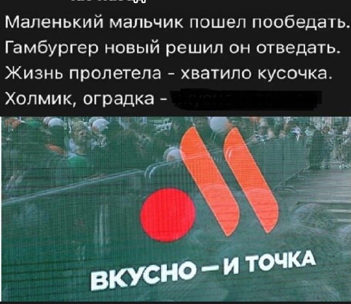 Маленький мальчик пошел пообедать Гамбургер новый решил он отведать Жизнь пролетела _ хватило кусочка Хопмик оградка