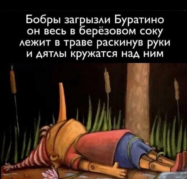 Бобры загбызи Буратино он весь в ерёзовом соку лежит в траве раскинув руки и Аятды кружатся над ним