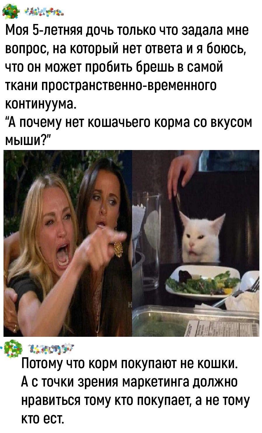 Моя 5 петняя дочь только что задала мне вопрос на который нет ответа и я Боюсь что он может пробить брешь в самой ткани пространственновременного континуума А почему нет кошачьего корма со вкусом мыши Гм хі иш Потому что корм покупают не кошки А с точки зрения маркетинга должно нравиться тому кто покупает а не тому кто ест