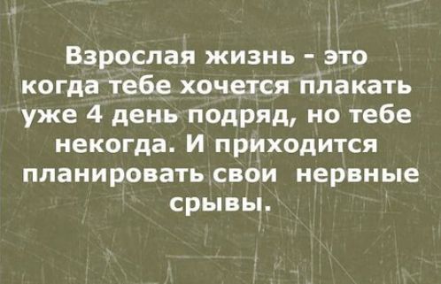 Взрослая жизнь это когда тебе хочется плакать уже 4 день подряд но тебе некогда И приходится планировать свои нервные срывы