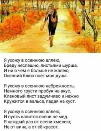 я ухожу осеннюю аллею Бреду неспешно листьями шурша И ииочёи я болшеиежшю Осенний блюз поет моя душа я ухожу осеннюю небрежность Немного грусти пробуя на вкус Кленовый лист задумчиво и нежно Кружится в вальсе падая на куст я ухожу осеннюю аллею и пусть напиток осени не мед Я каждый раз от осени теле о Не от вина в от её просот