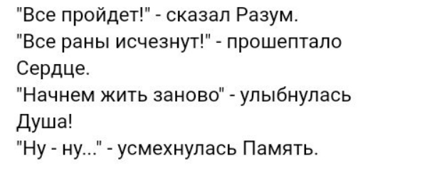 Все пройдет сказал Разум Все раны исчезнут прошептало Сердце Начнем жить заново улыбнулась Душа Ну ну усмехнулась Память