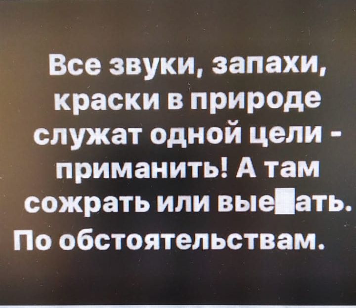 Все звуки запахи краски в природе служат одной цели приманить А там сожрать или выеіать ПО ОБСТОЯТеЛЬСТВЗМ