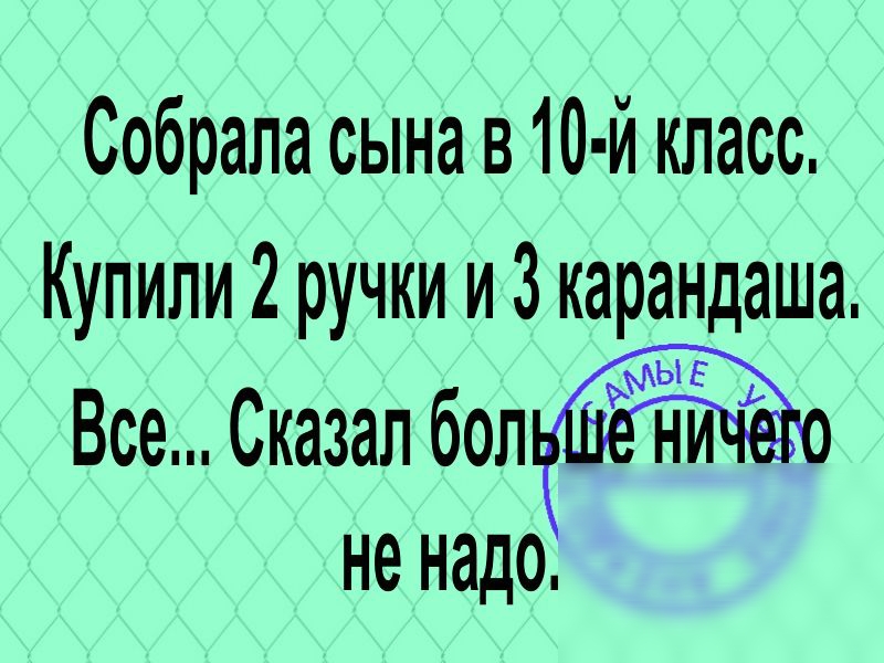 Собрала сына в 10 й класс Купили 2 ручки и 3 карандаша Все Сказал болт не надо