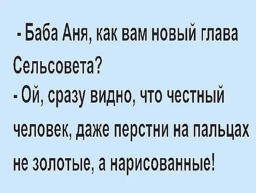Баба Аня как вам новый глава Сепьсовета 0й сразу видно что честный человек даже перстни на пальцах не золотые а нарисованные