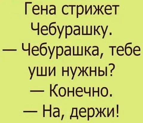 Гена стрижет Чебурашку Чебурашка тебе уши нужны Конечно На держи
