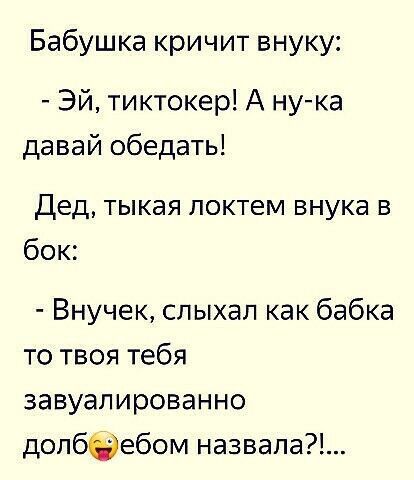 Бабушка кричит внуку Эй тиктокер А ну ка давай обедать Дед тыкая локтем внука в бок Внучек слыхал как бабка то твоя тебя завуалированно долбеебом назвала