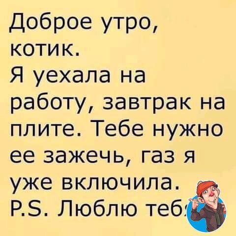 Доброе утро котик Я уехала на работу завтрак на плите Тебе нужно ее зажечь газ я уже включила РЗ Люблю тебг 4