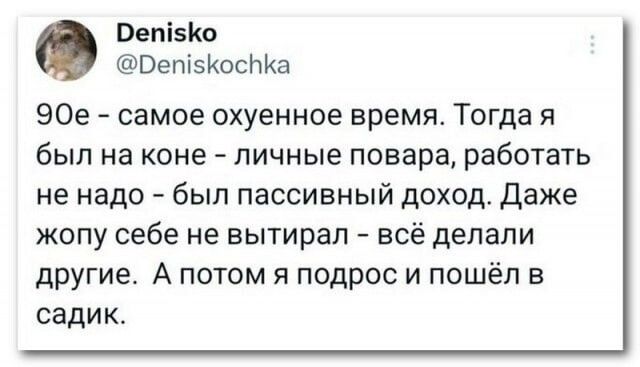 РОет5Ко РетКосЪКа 90е самое охуенное время Тогда я был на коне личные повара работать не надо был пассивный доход Даже жопу себе не вытирал всё делали другие А потом я подрос и пошёл в садик