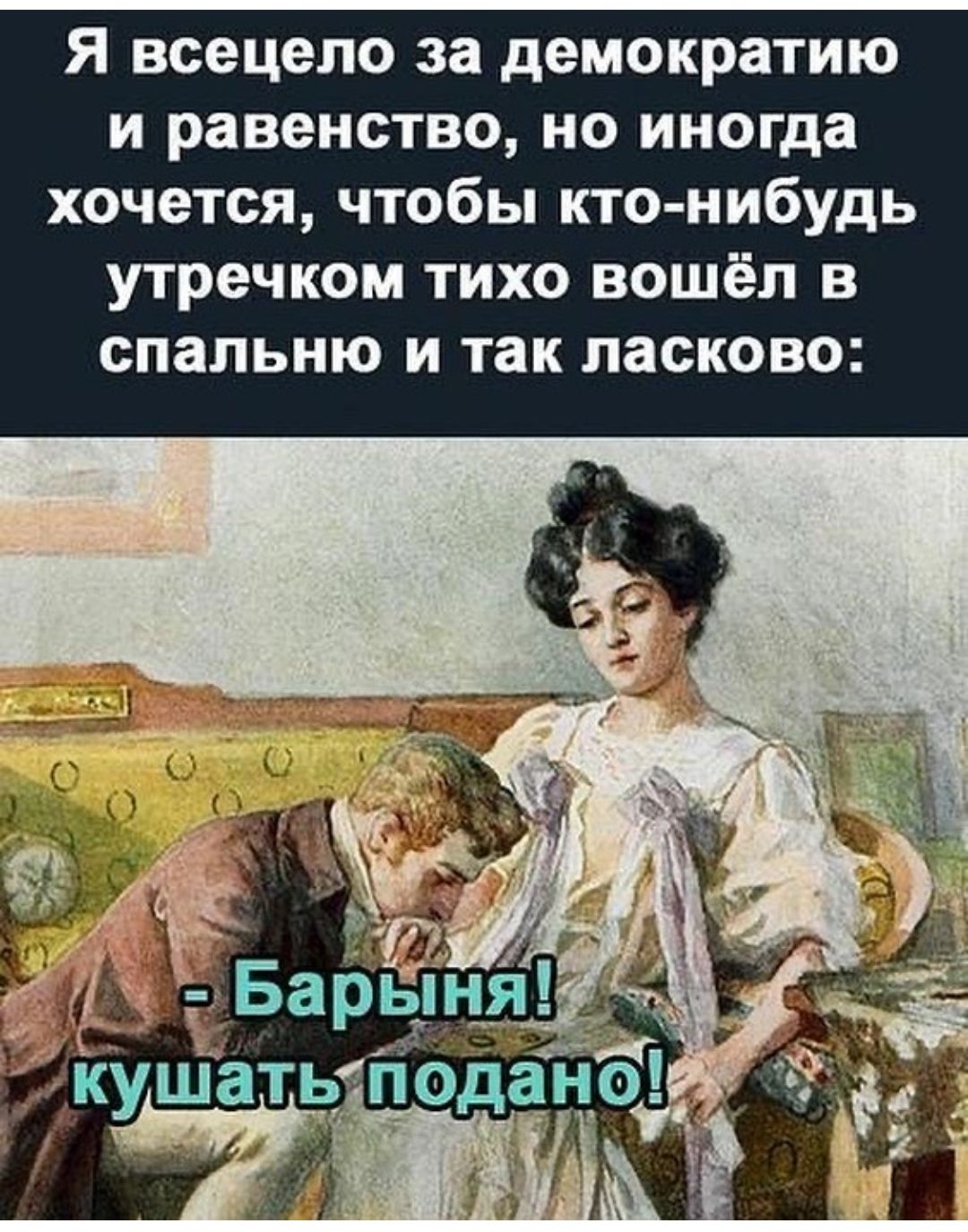 Я всецело за демократию и равенство но иногда хочется чтобы кто нибудь утречком тихо вошёл в спальню и так ласково