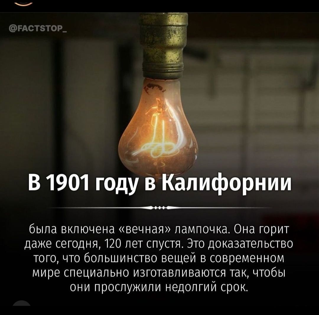 1 В 1901 г0ду в Калифорнии была включена вечная лампочка Она горит даже сегодня 120 лет спустя Это доказательство того что большинство вещей в современном мире специально изготавливаются так чтобы они прослужили недолгий срок