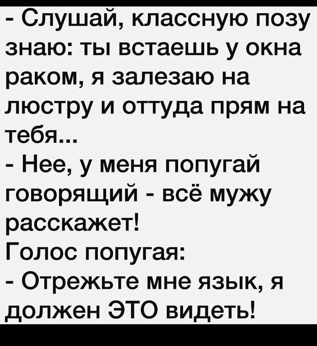 Слушай классную позу знаю ты встаешь у окна раком я залезаю на люстру и оттуда прям на тебя Нее у меня попугай говорящий всё мужу расскажет Голос попугая Отрежьте мне язык я должен ЭТО видеть _