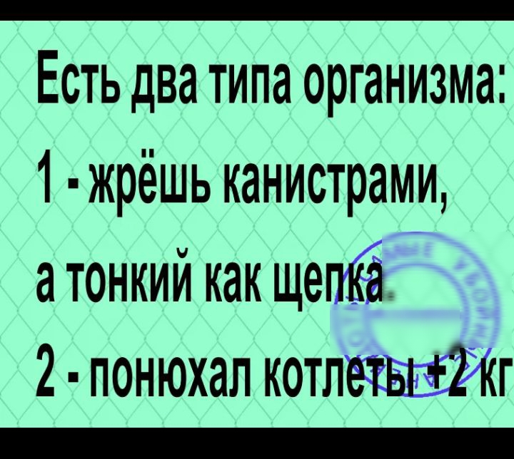 Есть два типа организма 1 жрёшь канистрами а тонкий как щепЁё 2 понюхал котлвтвптг _